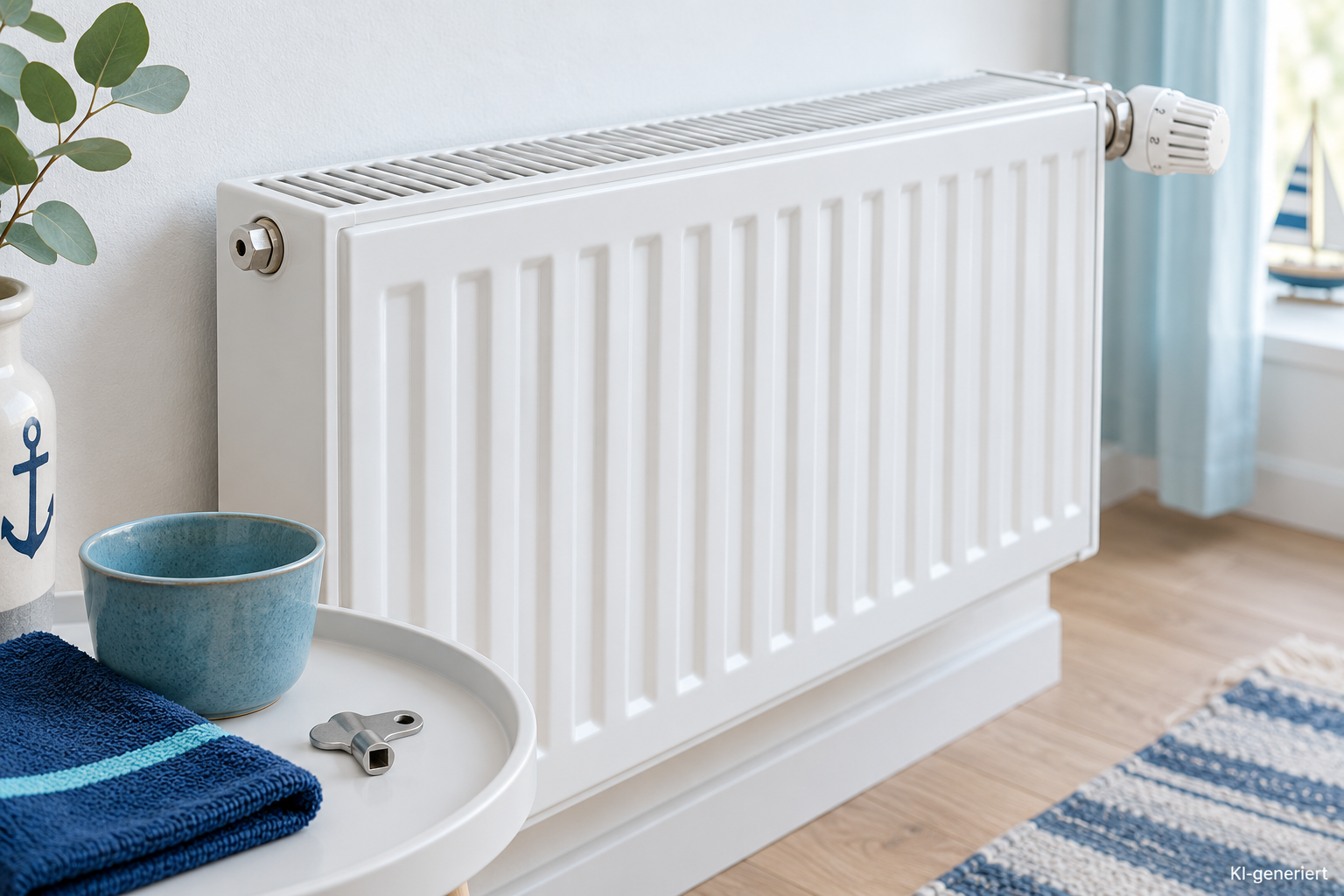KI-generierte Illustration: Heizkörper mit Entlüftungsventil, Thermostat, Entlüftungsschlüssel, Becher und Tuch