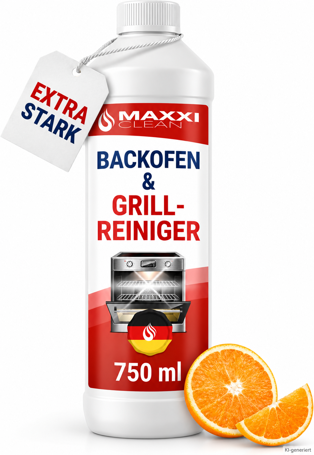KI-generierte Darstellung einer Maxxi Clean Backofen- und Grillreiniger-Flasche mit 750 ml