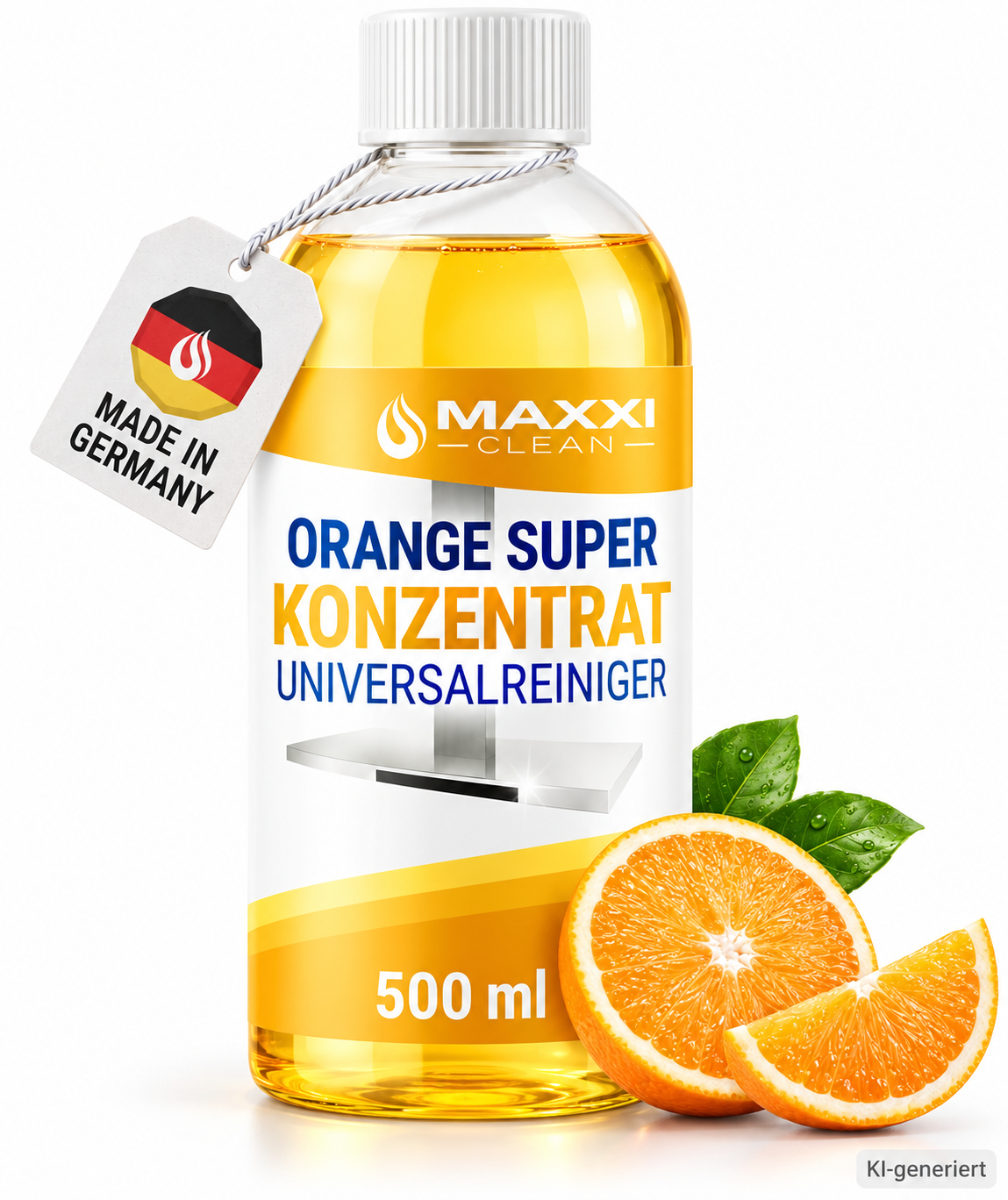 KI-generierte Darstellung der 500-ml-Flasche Maxxi Clean Orange Super mit Orangenmotiv