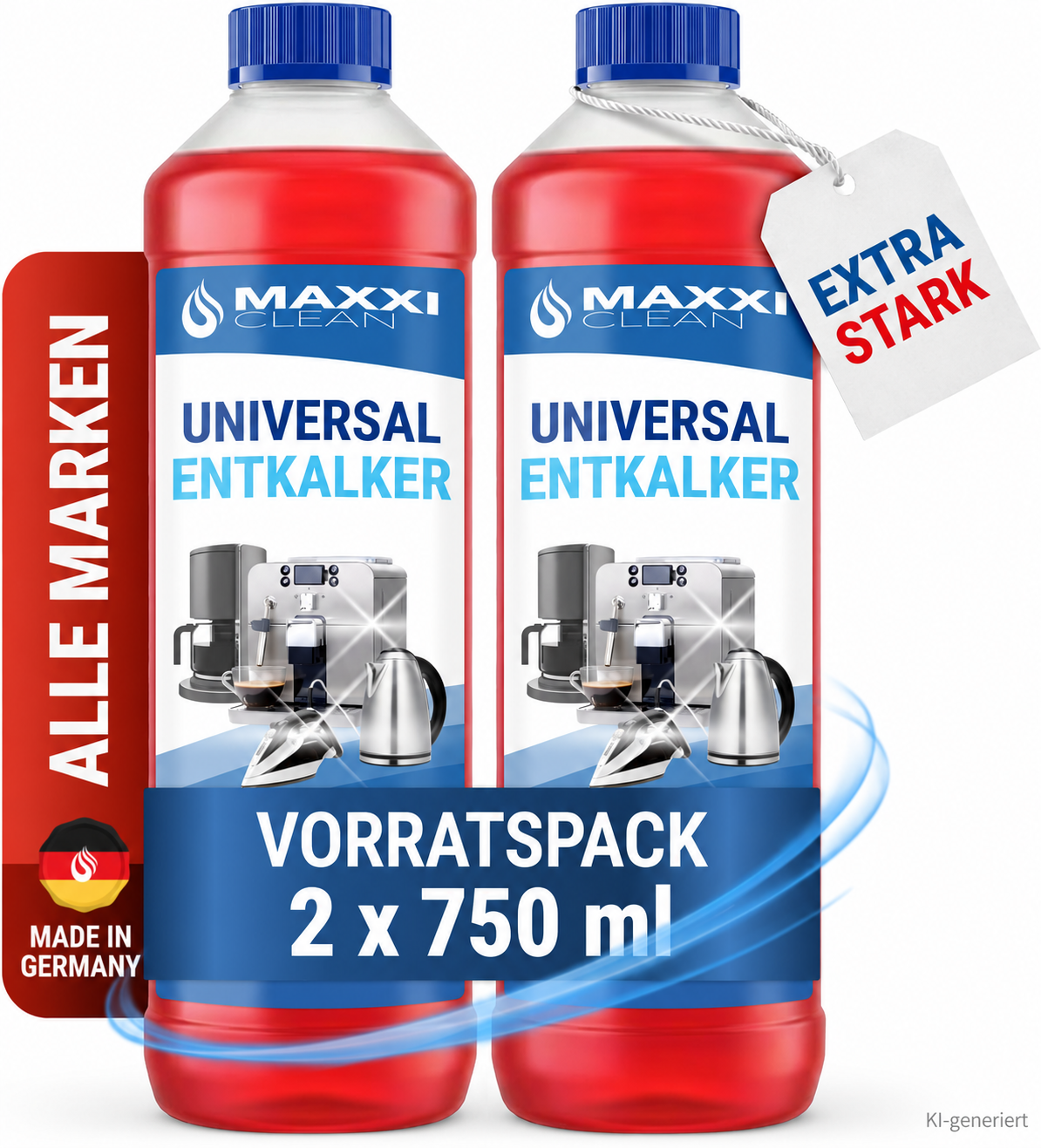 KI-generierte Nachbildung des Maxxi Clean Universal Entkalker Vorratspacks mit zwei roten 750-ml-Flaschen