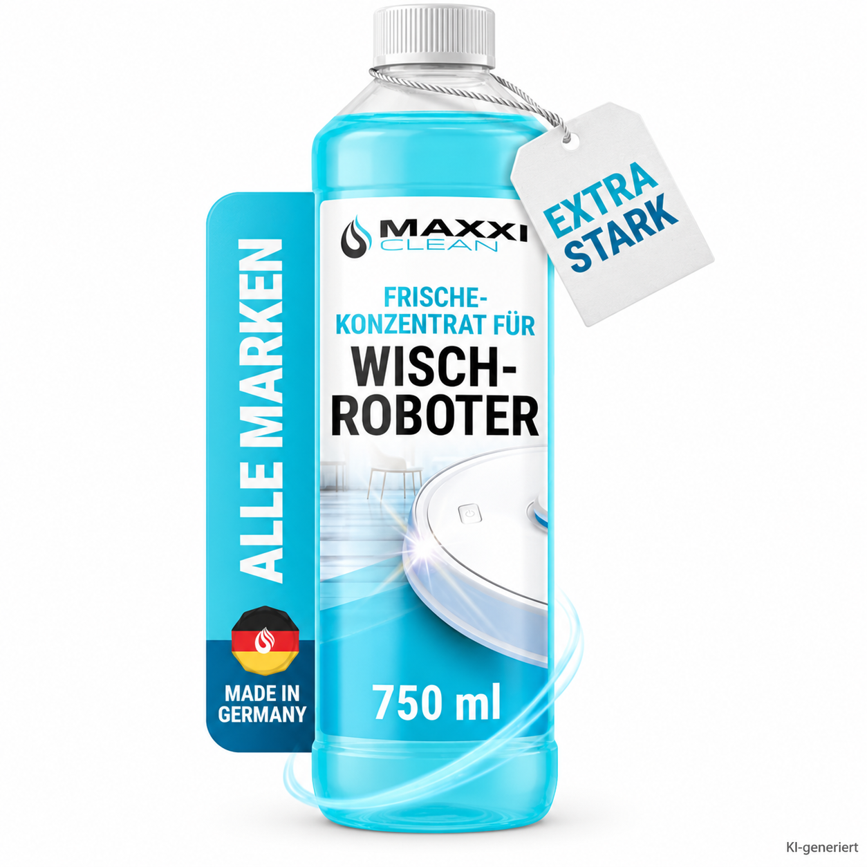 KI-generierte Nachbildung der türkisblauen 750-ml-Flasche Maxxi Clean Wischroboterreiniger mit weißem Verschluss