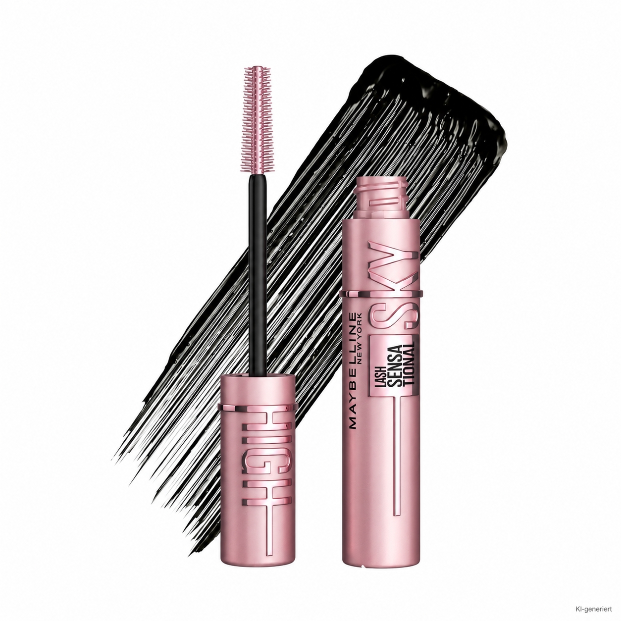 KI-generierte Nachbildung der roséfarbenen Maybelline Sky High Mascara mit geöffneter Bürste und schwarzem Mascara-Strich