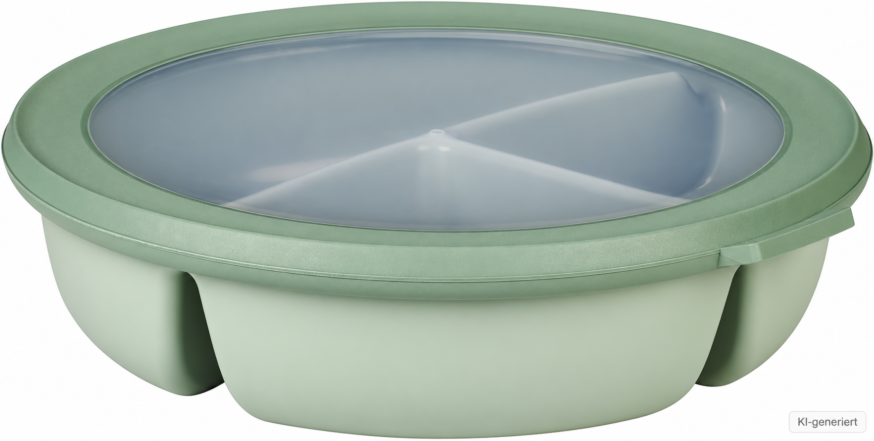 KI-generierte Nachbildung einer runden Mepal Bento Bowl Cirqula in Nordic sage mit transparentem Deckel und drei sichtbaren Fächern