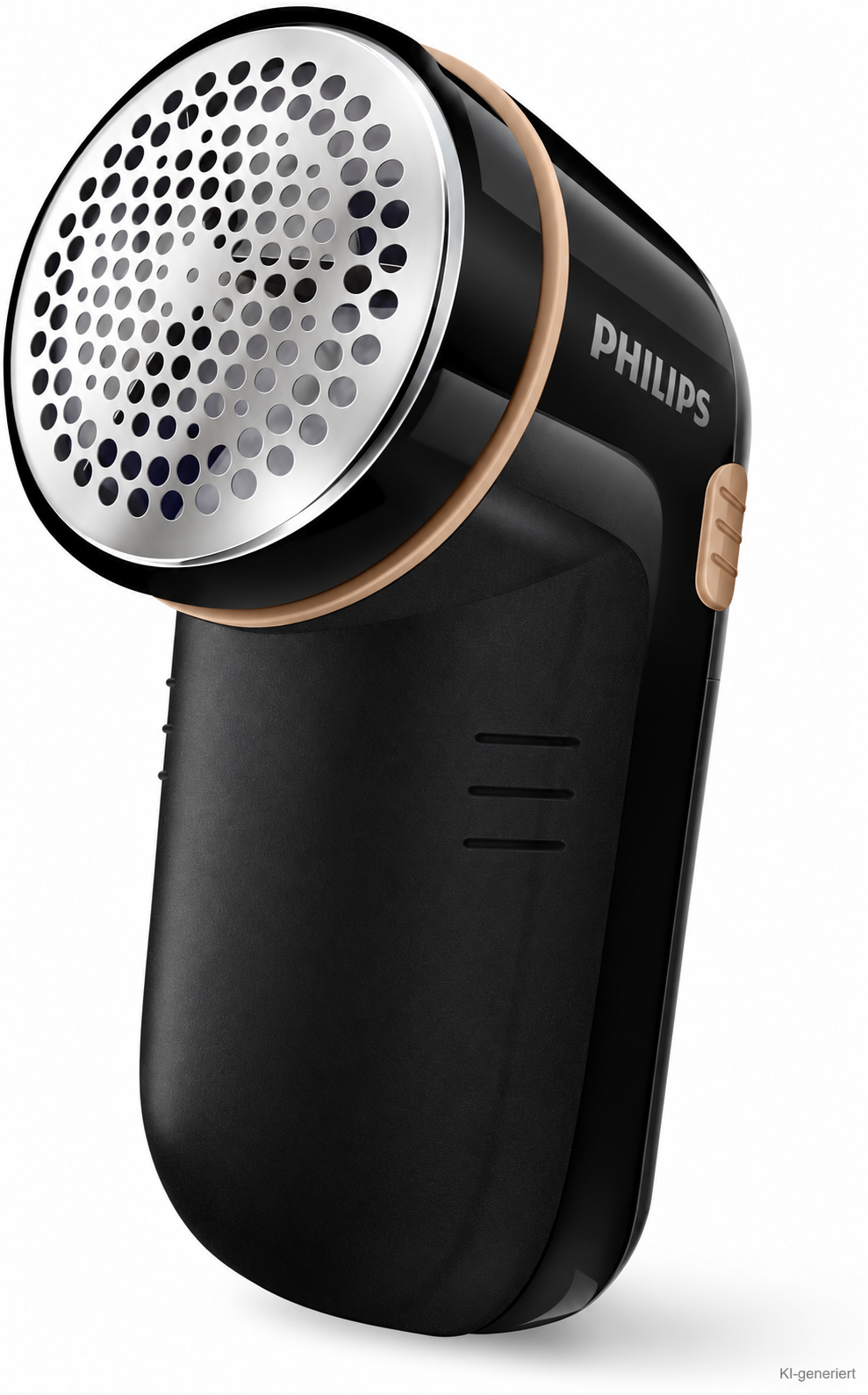 KI-generierte Nachbildung des schwarzen Philips Fusselrasierers GC026/80 mit rundem silbernem Scherkopf und goldfarbenem Rand
