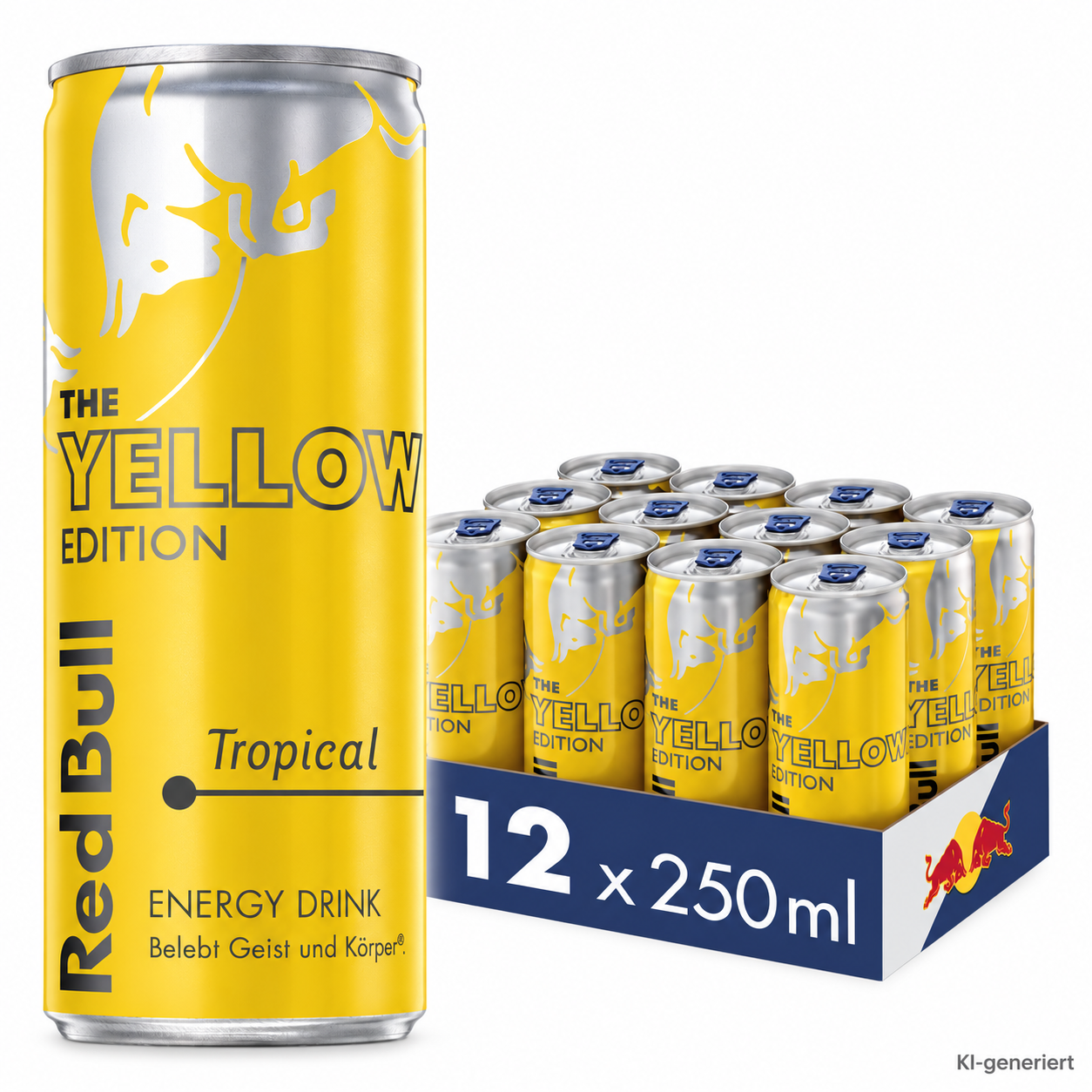 KI-generierte Nachbildung einer gelben Red Bull Yellow Edition Tropical Dose neben einem 12er-Pack mit 250-ml-Dosen