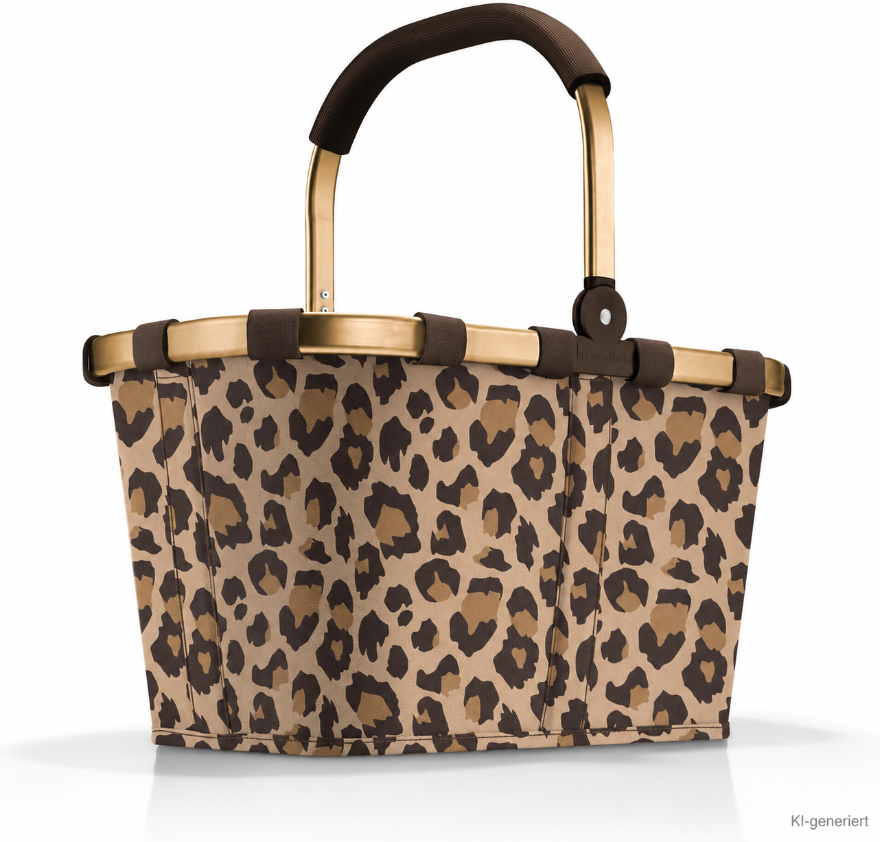 KI-generierte Nachbildung des reisenthel carrybag frame leo macchiato mit braunem Leopardenmuster, goldfarbenem Rahmen und ummanteltem Griff